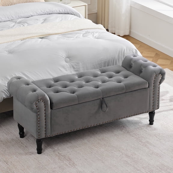 Aemeios 51" Velvet Storage Bench Upholstered Button-Tufted End of Bed Storage Ottoman Benches with Arms for Entryway Cloakroom, Dark Gray