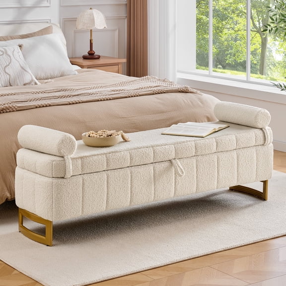 Aemeios 62.5"W Teddy Storage Bench for Bedroom End of Bed with Zippered Pockets and Detachable Cylindrical Pillows, Beige