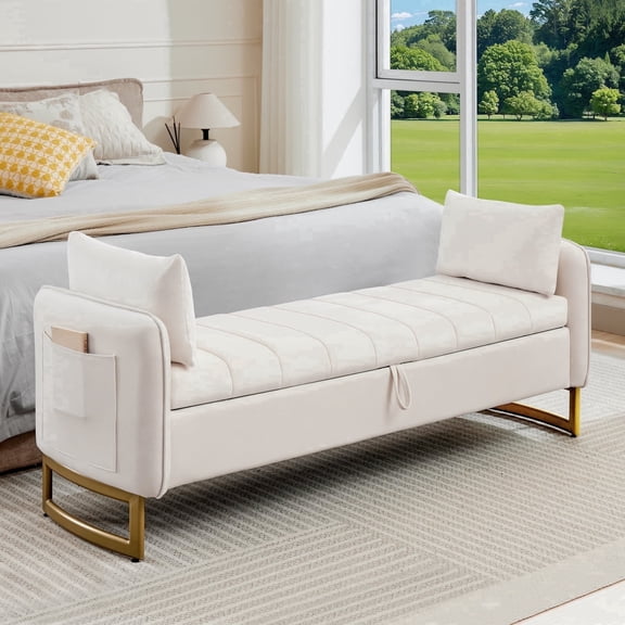 Aemeios 65"W Tufted Storage Bench for Bedroom End of Bed with Gold Legs and Two Pillows, Cream