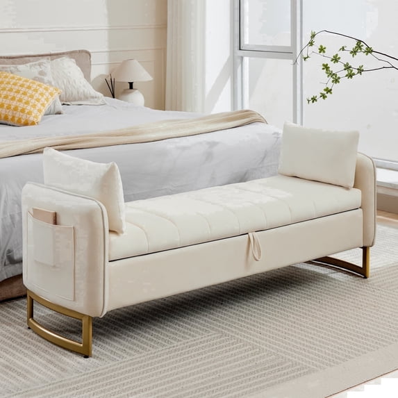 Aemeios 66"W Tufted Storage Bench for Bedroom End of Bed with Gold Legs and Two Pillows, Beige