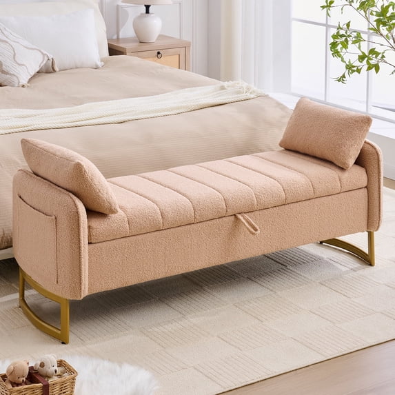 Aemeios 66"W Storage Bench for Bedroom End of Bed Teddy Ottoman Bench with Gold Legs and Two Pillows, Camel
