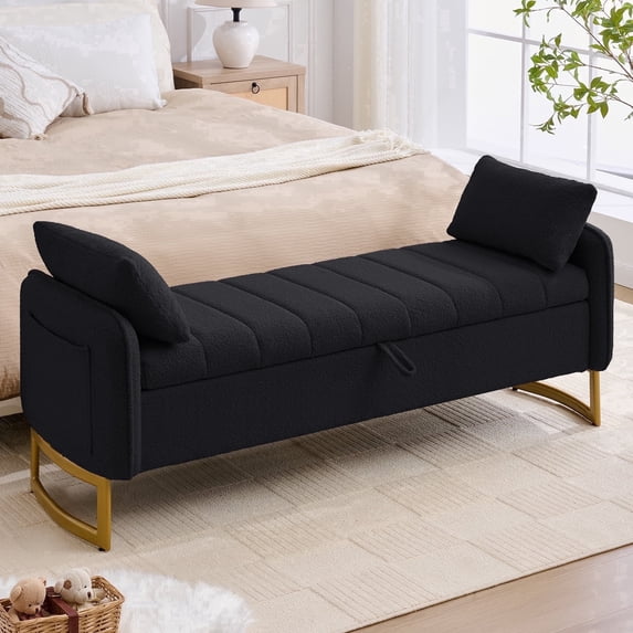Aemeios 66"W Teddy Tufted Storage Bench for Bedroom End of Bed with Gold Legs and Two Pillows, Black