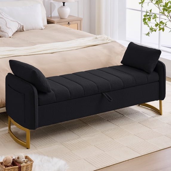 Aemeios 66"W Teddy Tufted Storage Bench for Bedroom End of Bed with Gold Legs and Two Pillows, Black