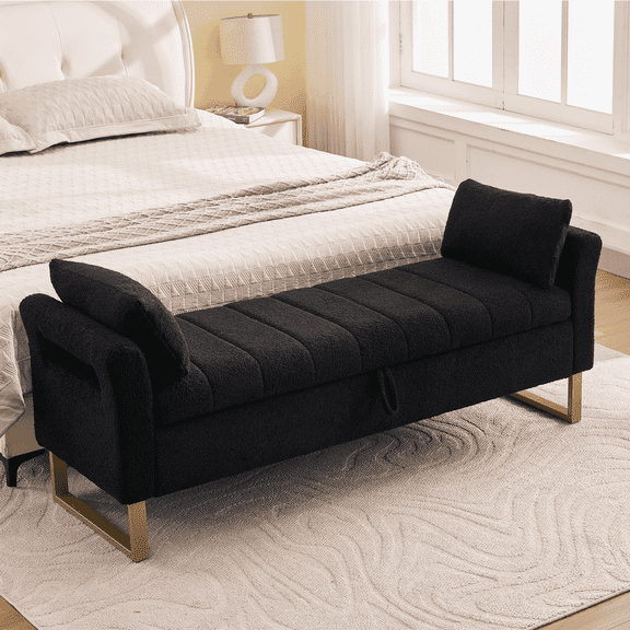 Aemeios 66"W Teddy Tufted Storage Bench for Bedroom End of Bed with Gold Legs and Two Pillows, Black