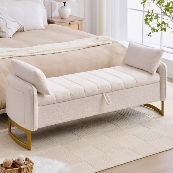 Aemeios 66"W Teddy Tufted Storage Bench for Bedroom End of Bed with Gold Legs and Two Pillows, White
