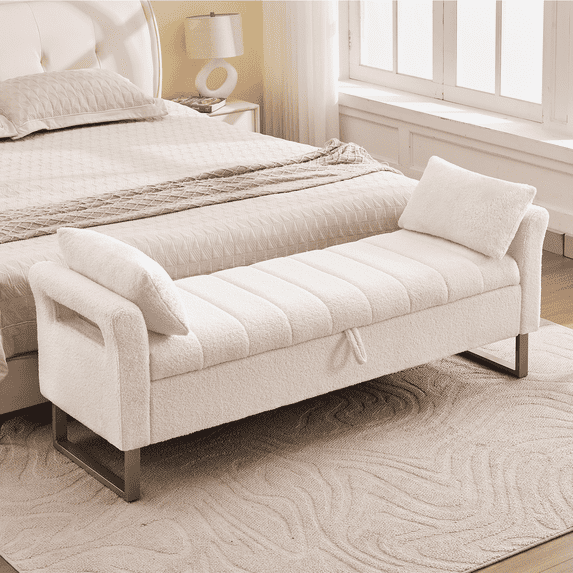 Aemeios 66"W Teddy Tufted Storage Bench for Bedroom End of Bed with Gold Legs and Two Pillows, White