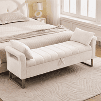 Aemeios 66"W Teddy Tufted Storage Bench for Bedroom End of Bed with Gold Legs and Two Pillows, White