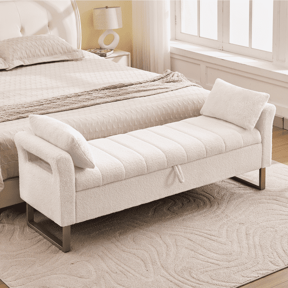 Aemeios 66"W Teddy Tufted Storage Bench for Bedroom End of Bed with Gold Legs and Two Pillows, White