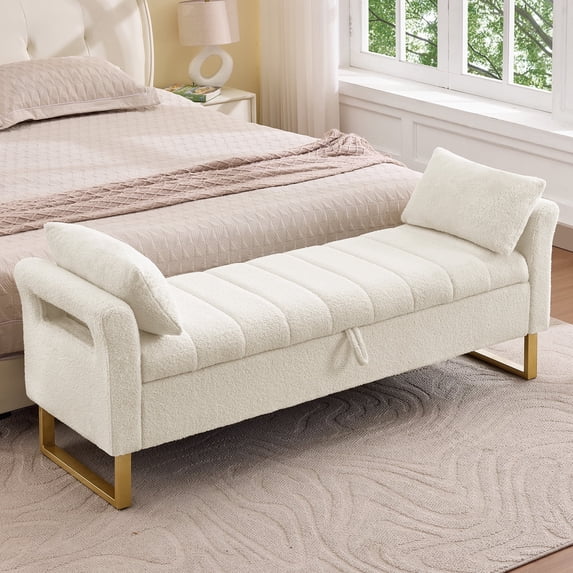 Aemeios 66"W Teddy Tufted Storage Bench for Bedroom End of Bed with Gold Legs and Two Pillows, White