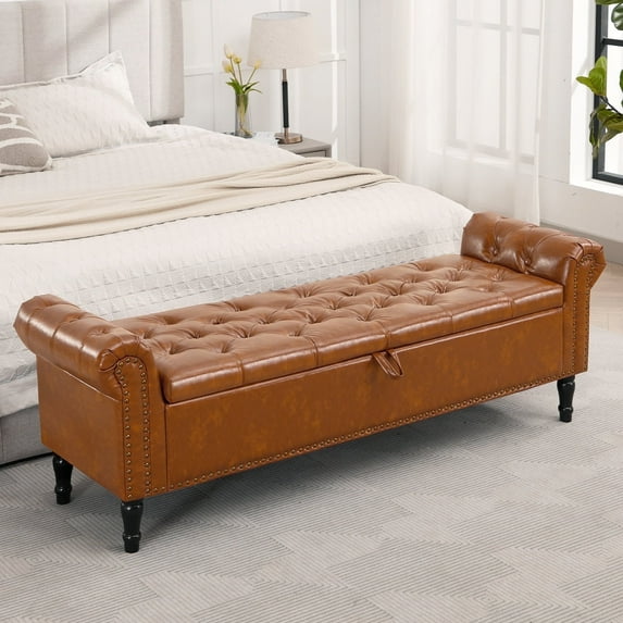 Aemeios 67" Faux Leather Storage Bench Upholstered Button-Tufted End of Bed Storage Ottoman Benches with Arms for Entryway Cloakroom, Brown