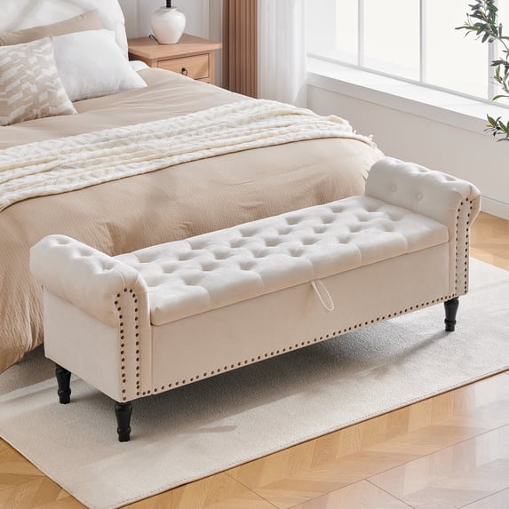 Aemeios 67" Linen Storage Bench Upholstered Button-Tufted End of Bed Storage Ottoman Benches with Arms for Entryway Cloakroom, Beige