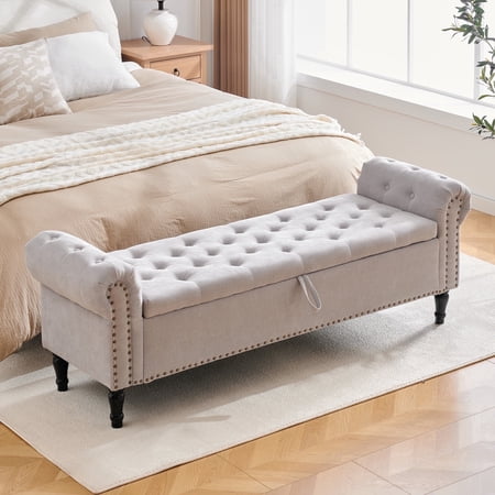 Aemeios 67" Linen Storage Bench Upholstered Button-Tufted End of Bed Storage Ottoman Benches with Arms for Entryway Cloakroom, Cream