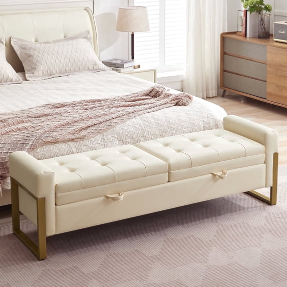 Aemeios 67" PU Storage Bench for Bedroom End of Bed with Double Lids Storage and Gold Legs, Beige