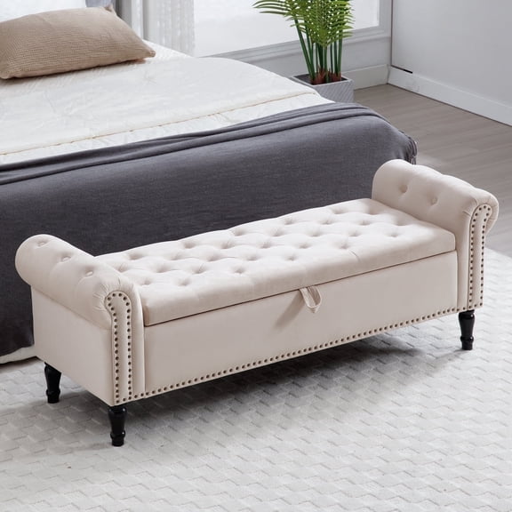 Aemeios 67" Velvet Storage Bench Upholstered Button-Tufted End of Bed Storage Ottoman Benches with Arms for Entryway Cloakroom, Beige
