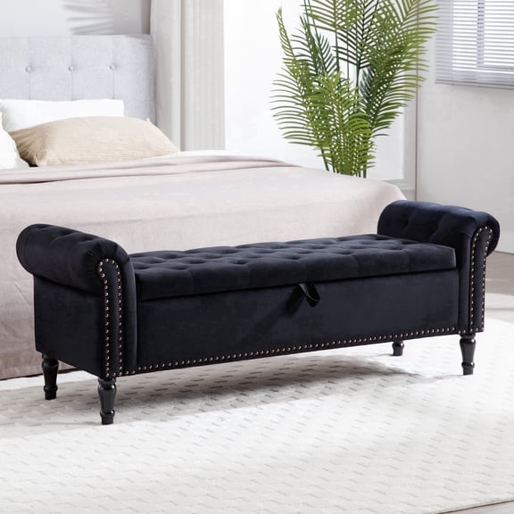 Aemeios 67" Velvet Storage Bench Upholstered Button-Tufted End of Bed Storage Ottoman Benches with Arms for Entryway Cloakroom, Black