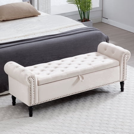 Aemeios 67" Velvet Storage Bench Upholstered Button-Tufted End of Bed Storage Ottoman Benches with Arms for Entryway Cloakroom, Cream