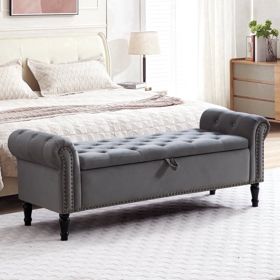 Aemeios 67" Velvet Storage Bench Upholstered Button-Tufted End of Bed Storage Ottoman Benches with Arms for Entryway Cloakroom, Dark Gray