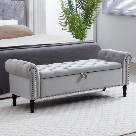 Aemeios 67" Velvet Storage Bench Upholstered Button-Tufted End of Bed Storage Ottoman Benches with Arms for Entryway Cloakroom, Gray