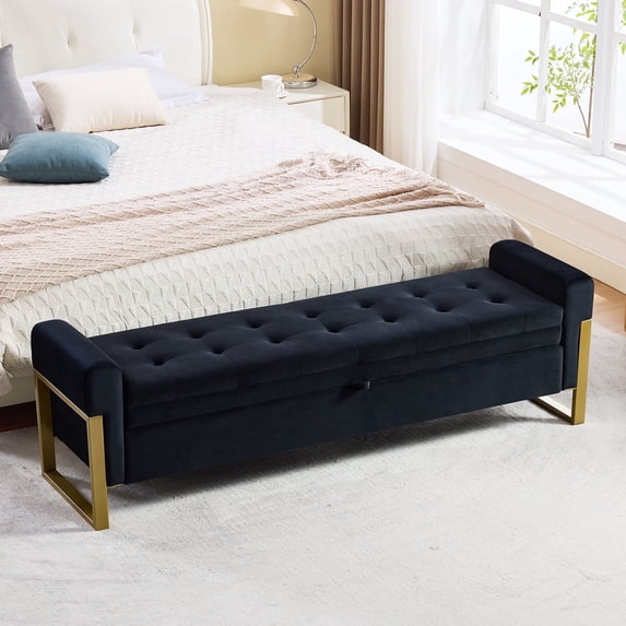 Aemeios 67" Velvet Storage Bench for Bedroom End of Bed with Single Lid Storage and Gold Legs, Black