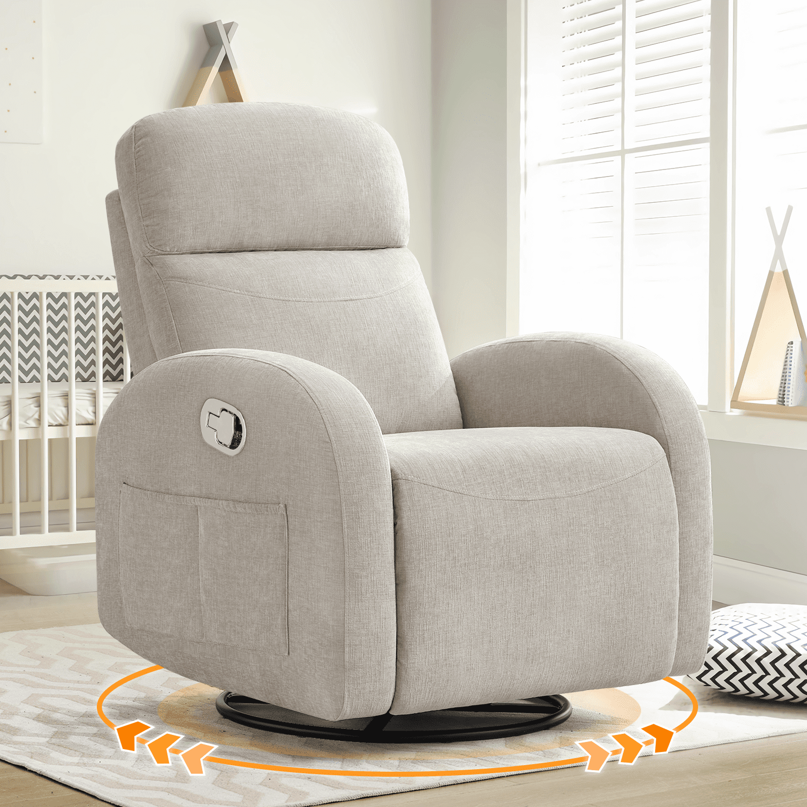 Aemeios Chenille Swivel Rocker Glider Manual Recliner Nursery Rocking Chair with Double Pockets, Camel