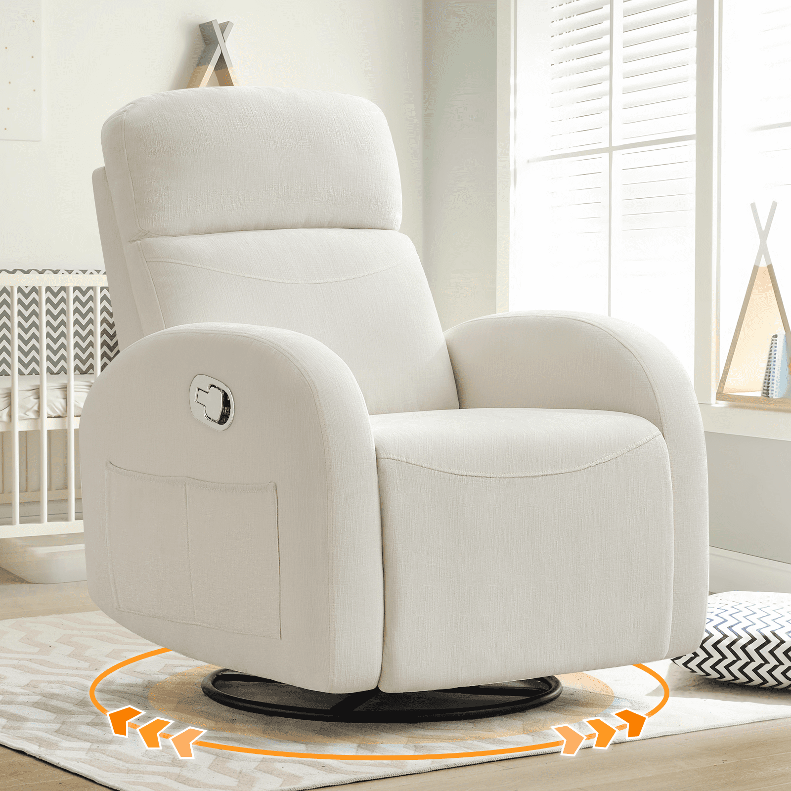 Aemeios Chenille Swivel Rocker Glider Manual Recliner Nursery Rocking Chair with Double Pockets, White