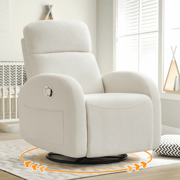 Aemeios Chenille Swivel Rocker Glider Manual Recliner Nursery Rocking Chair with Double Pockets, White