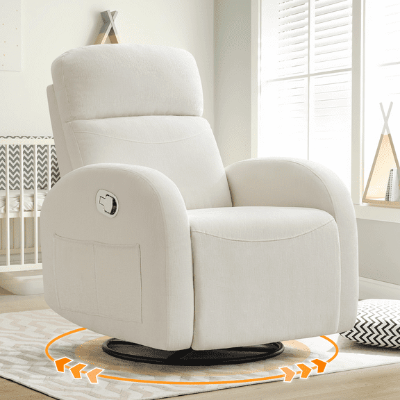 Aemeios Chenille Swivel Rocker Glider Manual Recliner Nursery Rocking Chair with Double Pockets, White