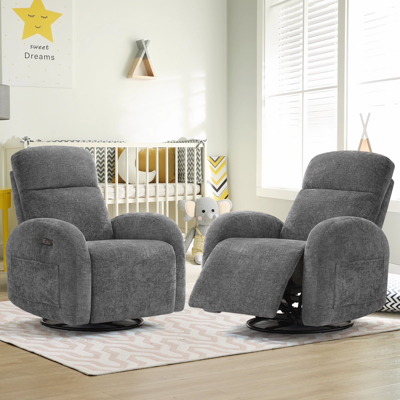 Black Chenille Swivel Power Recliner with Wood Base