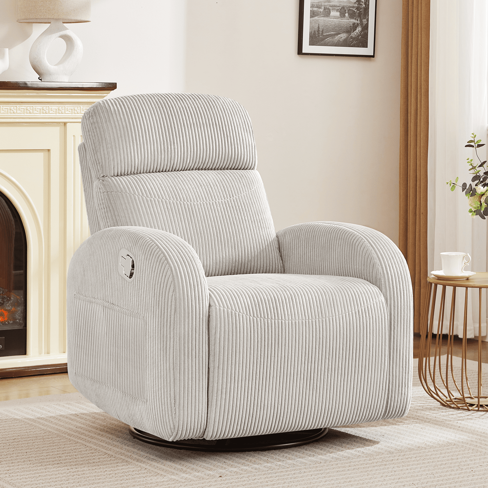 Aemeios Corduroy Swivel Rocker Glider Manual Recliner Nursery Rocking Chair with Double Pockets, Camel
