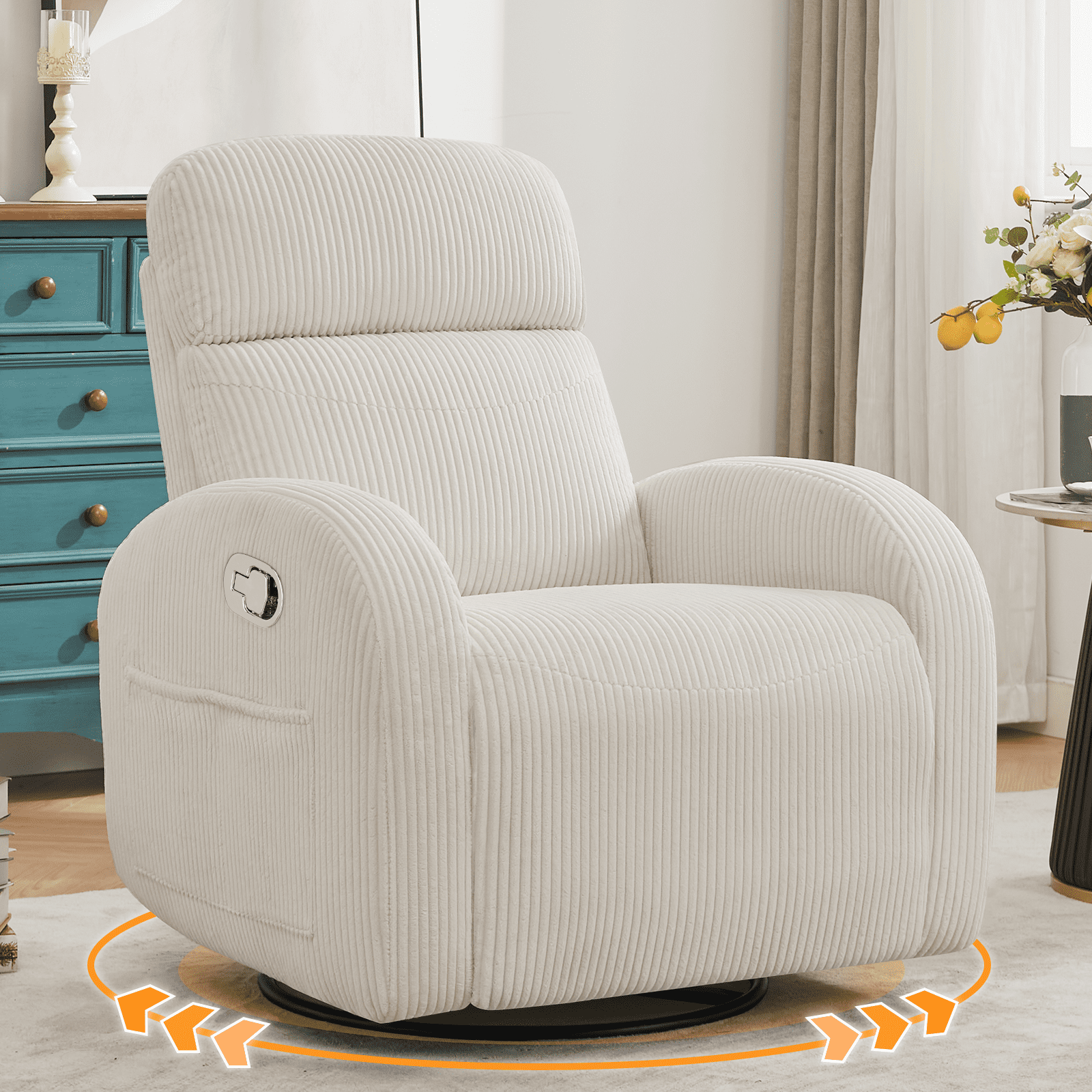 Aemeios Corduroy Swivel Rocker Glider Manual Recliner Nursery Rocking Chair with Double Pockets, White