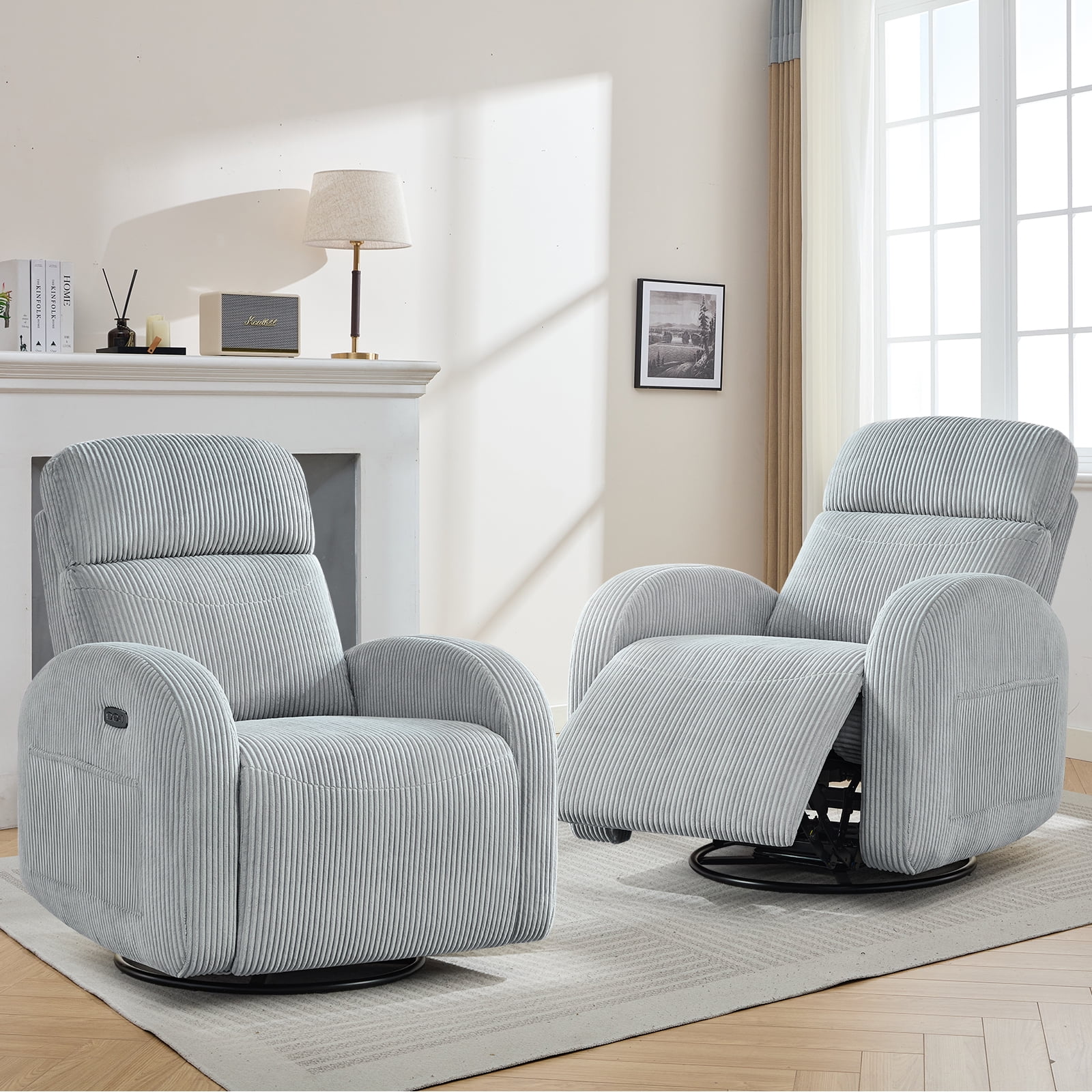 Corduroy Swivel Recliner Chair With Pillows - High Back Glider Rocker For Nursery, Living Room, Small Spaces