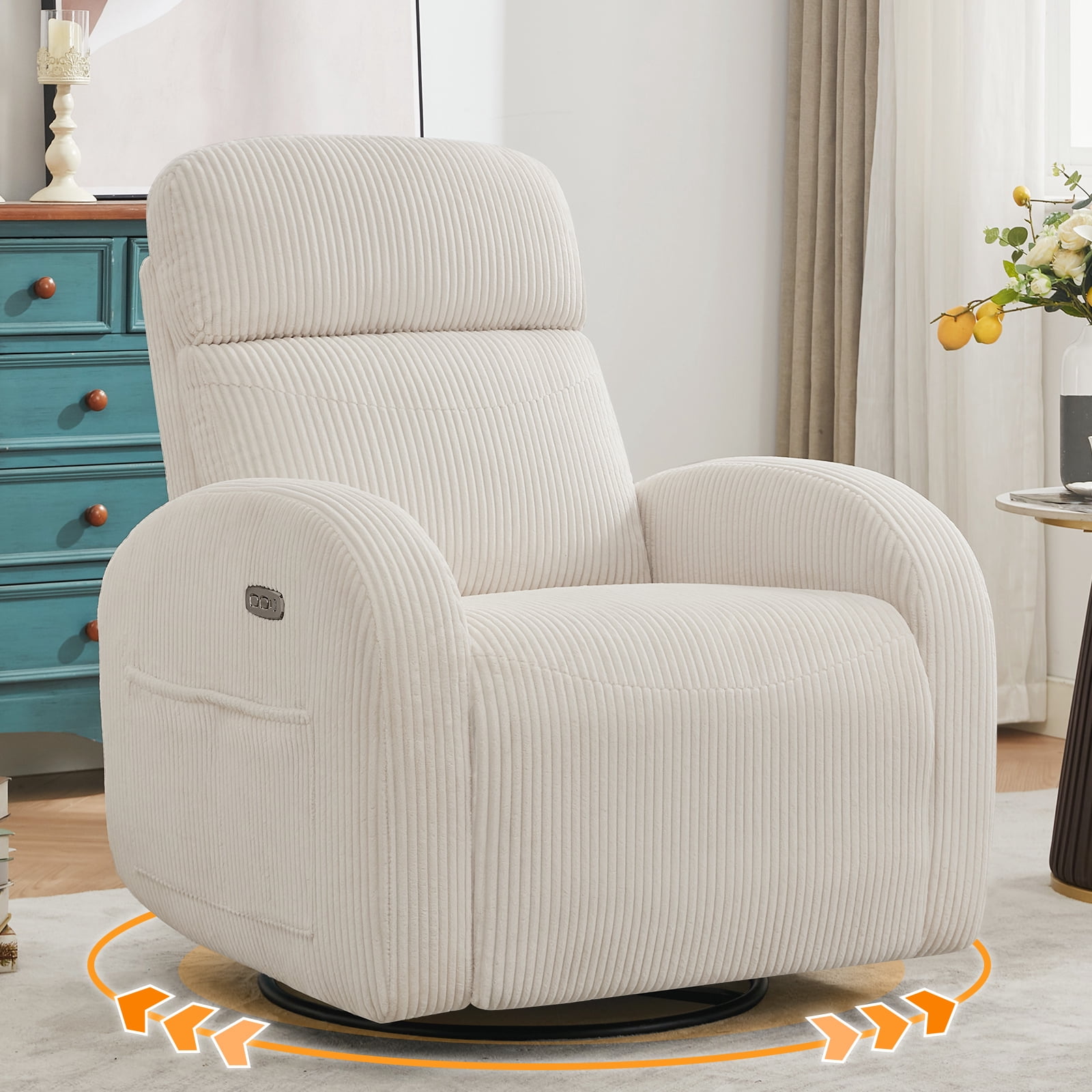 Aemeios Corduroy Swivel Rocker Glider Power Recliner Nursery Rocking Chair with USB and Type-C Ports, White