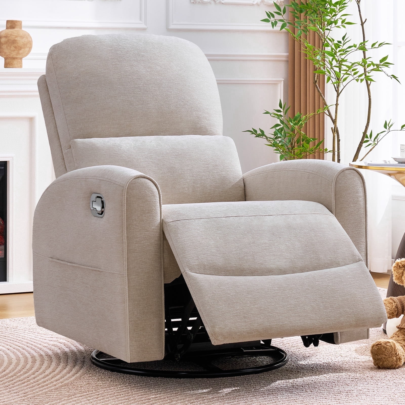 Aemeios Manual Recliner Swivel Chenille Glider Chair with Adjustable Headrest, Camel
