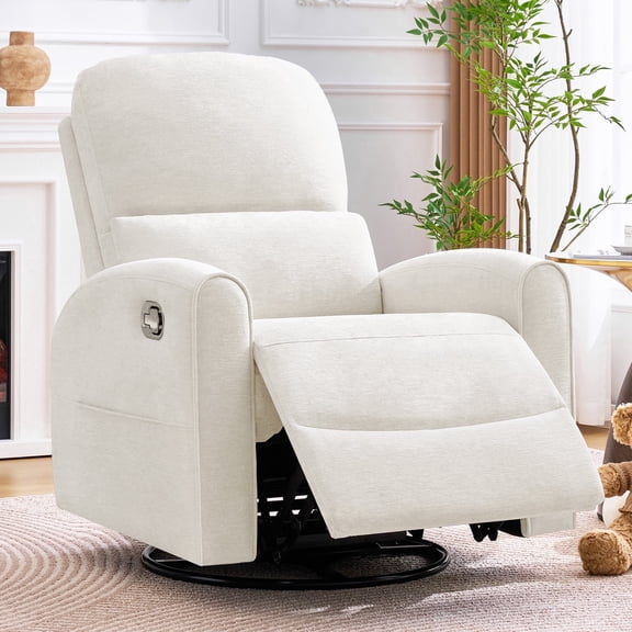 Aemeios Manual Recliner Swivel Chenille Glider Chair with Adjustable Headrest, White