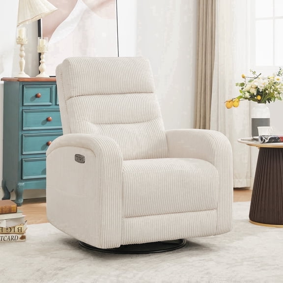 Aemeios Swivel Corduroy Rocker Glider Power Rocking Recliner with USB and Type-C Ports, White
