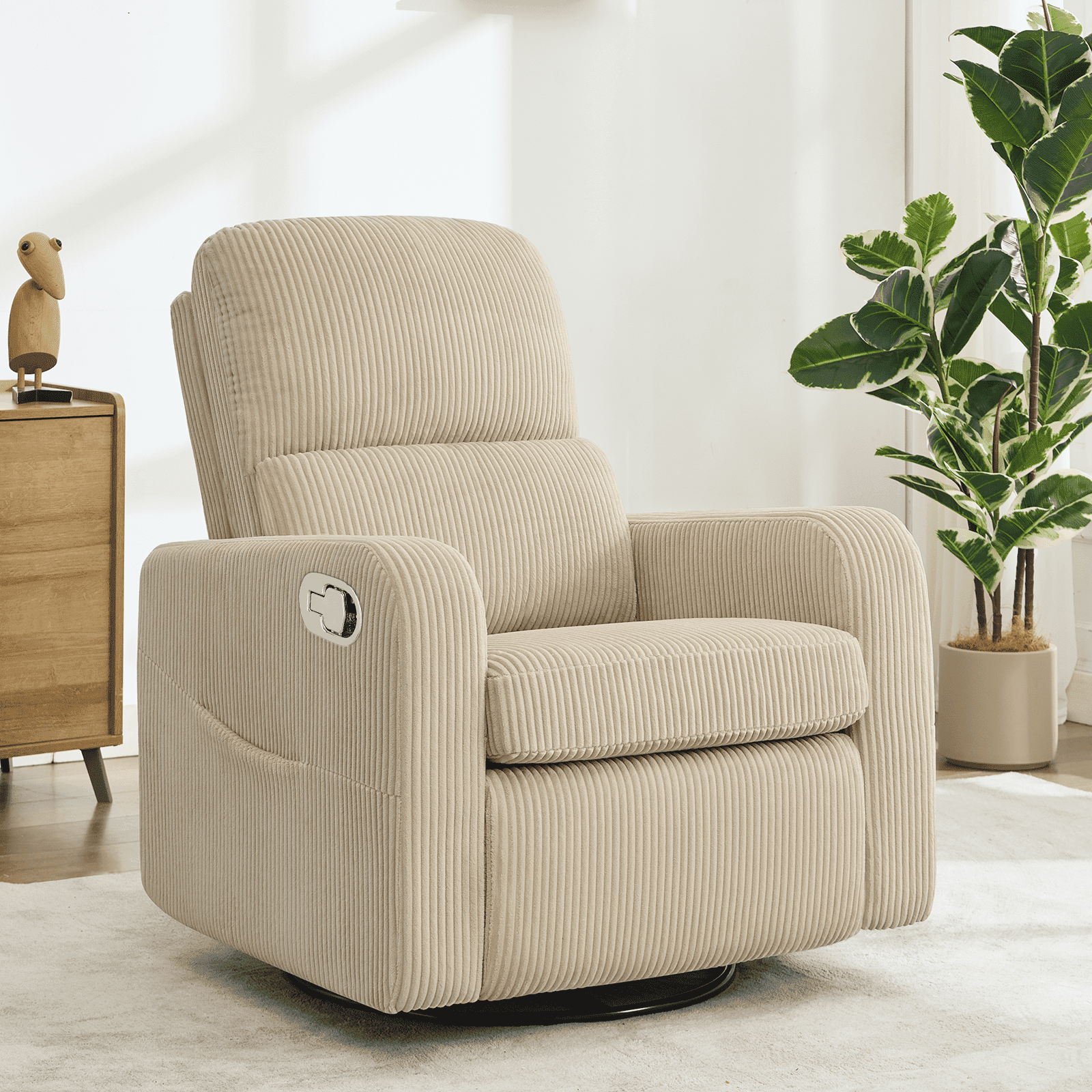 Aemeios Swivel Manual Recliner Chair Corduroy Fabric Nursery Glider Rocker Recliner, Camel