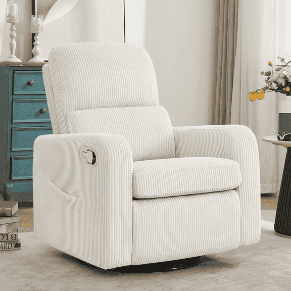 Aemeios Swivel Manual Recliner Chair Corduroy Fabric Nursery Glider Rocker Recliner, White