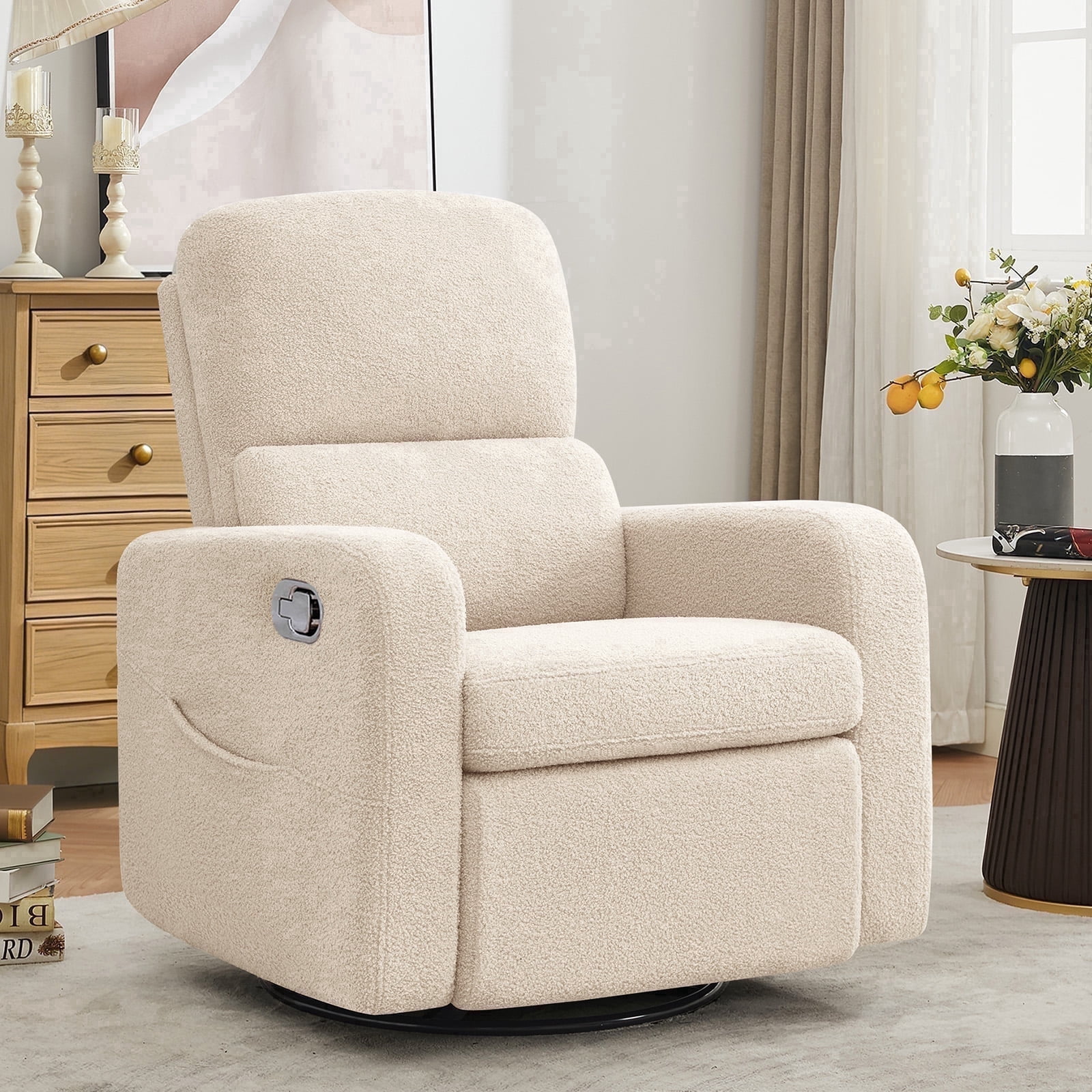 Aemeios Swivel Manual Recliner Chair Teddy Fabric Nursery Glider Rocker Recliner, Beige