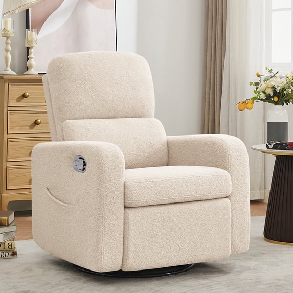 Aemeios Swivel Manual Recliner Chair Teddy Fabric Nursery Glider Rocker Recliner, Beige