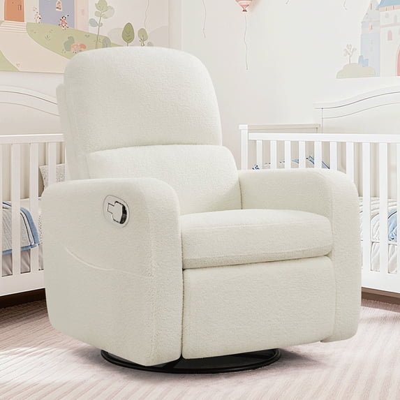 Aemeios Swivel Manual Recliner Chair Teddy Fabric Nursery Glider Rocker Recliner, White