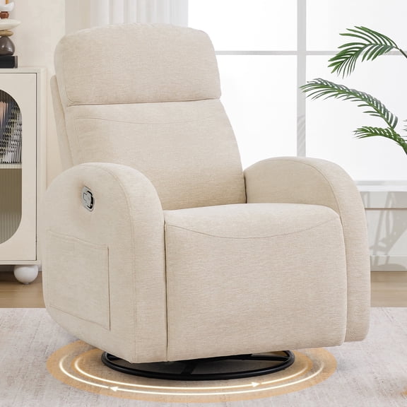 Aemeios Swivel  Manual Recliner Rocker Glider Chenille Nursery Rocking Chair with Adjustable Headrest and Double Pockets, Camel