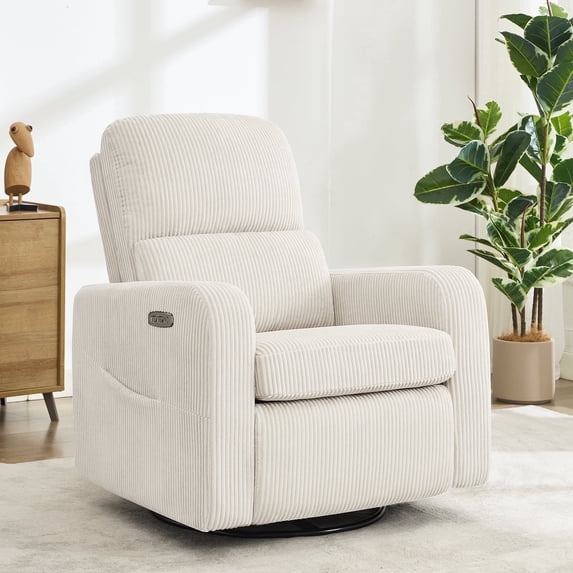 Aemeios Swivel Power Recliner Chair Corduroy Nursery Glider Rocking Recliner, White