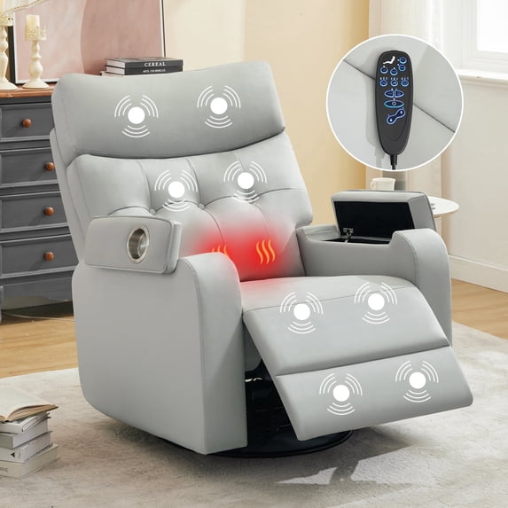 Aemeios Swivel Power Recliner Chair with Massage and Heat, Single Timing Massage Rocking Chair with USB Port and Cup Holders, Rocker Sofa with Storage Space for Living Room Home Theater, Dakr Gray