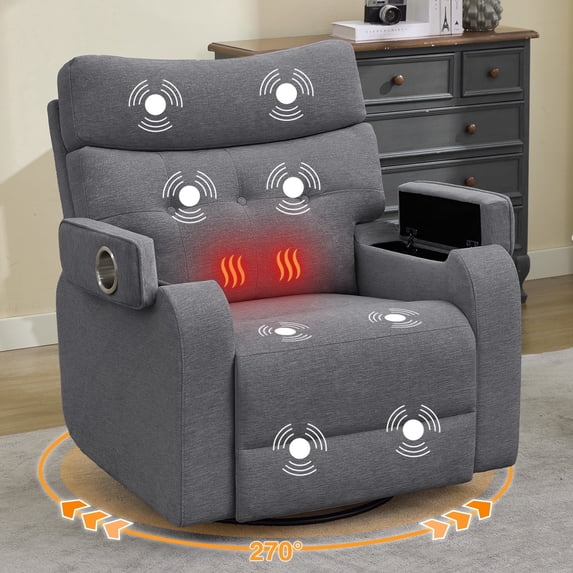 Aemeios Swivel Power Recliner Chair with Massage and Heat, Single Timing Massage Rocking Chair with USB Port and Cup Holders, Rocker Sofa with Storage Space for Living Room Home Theater, Gray