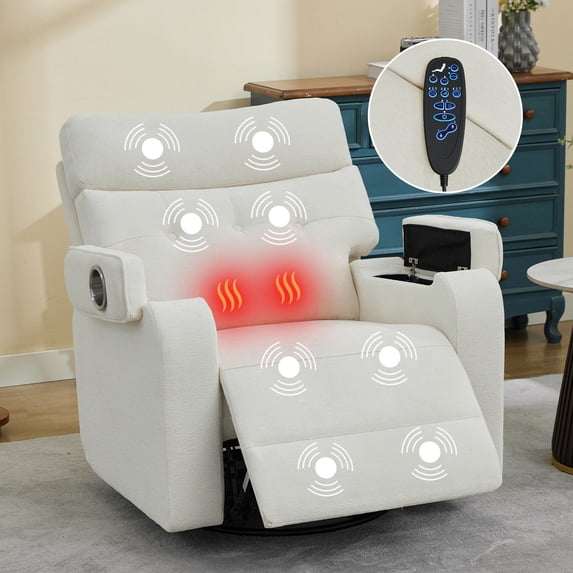 Aemeios Power Swivel Rocker Recliner Chair with Massage and Heat for Living Room, White
