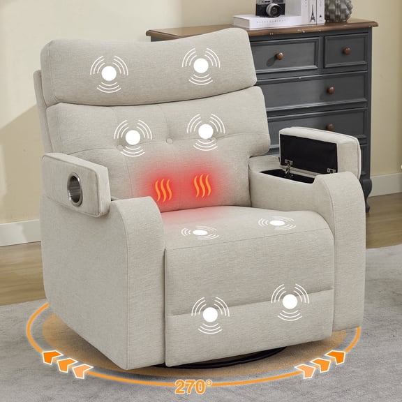 Aemeios Swivel Power Recliner Chair with Massage and Heat, Single Timing Massage Rocking Chair with USB Port and Cup Holders, Rocker Sofa with Storage Space for Living Room Home Theater, Camel