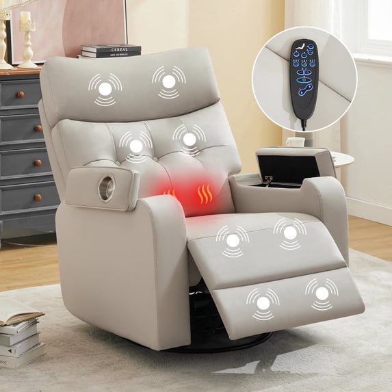 Aemeios Swivel Power Recliner Chair with Massage and Heat, Single Timing Massage Rocking Chair with USB Port and Cup Holders, Rocker Sofa with Storage Space for Living Room Home Theater, Light Gray