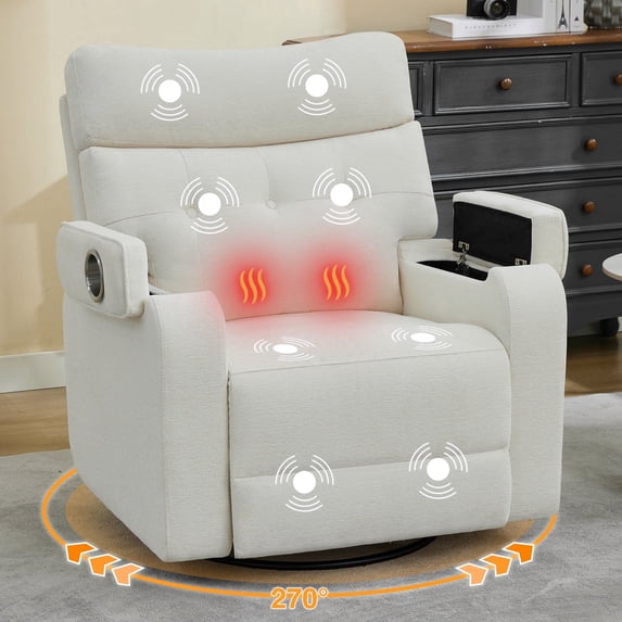Aemeios Swivel Power Recliner Chair with Massage and Heat, Single Timing Massage Rocking Chair with USB Port and Cup Holders, Rocker Sofa with Storage Space for Living Room Home Theater, White