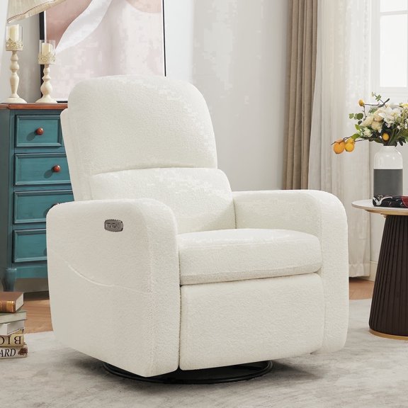 Aemeios Swivel Power Recliner Chair Teddy Nursery Glider Rocking Recliner, White