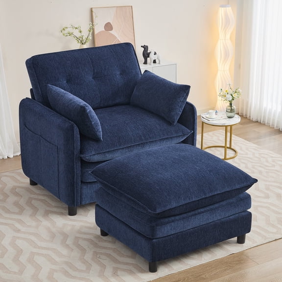 Aemeios Upholstered Chenille Oversized Accent Armchairs with Ottoman and Side Pocket, Blue